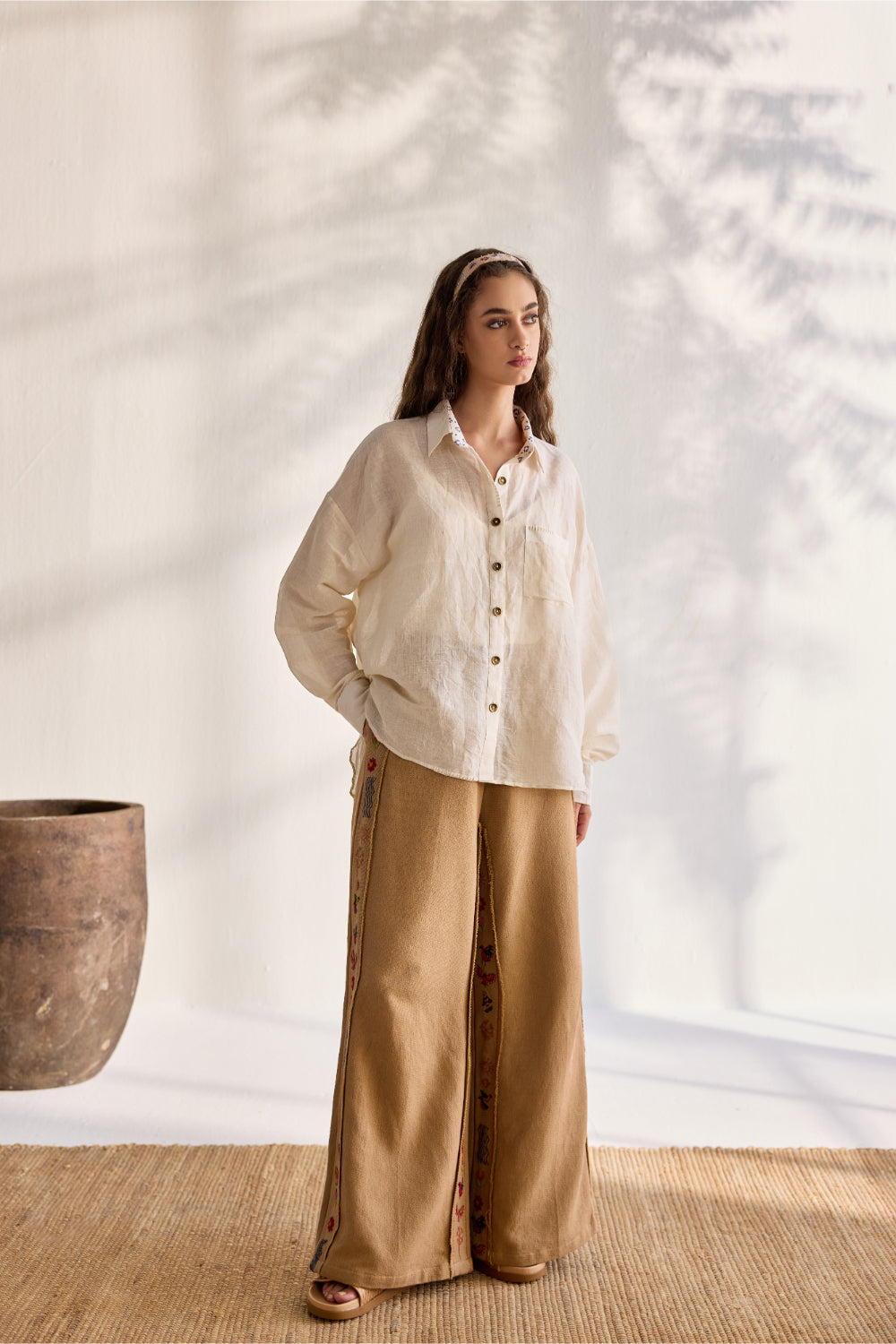 White linen embroidered button down shirt
