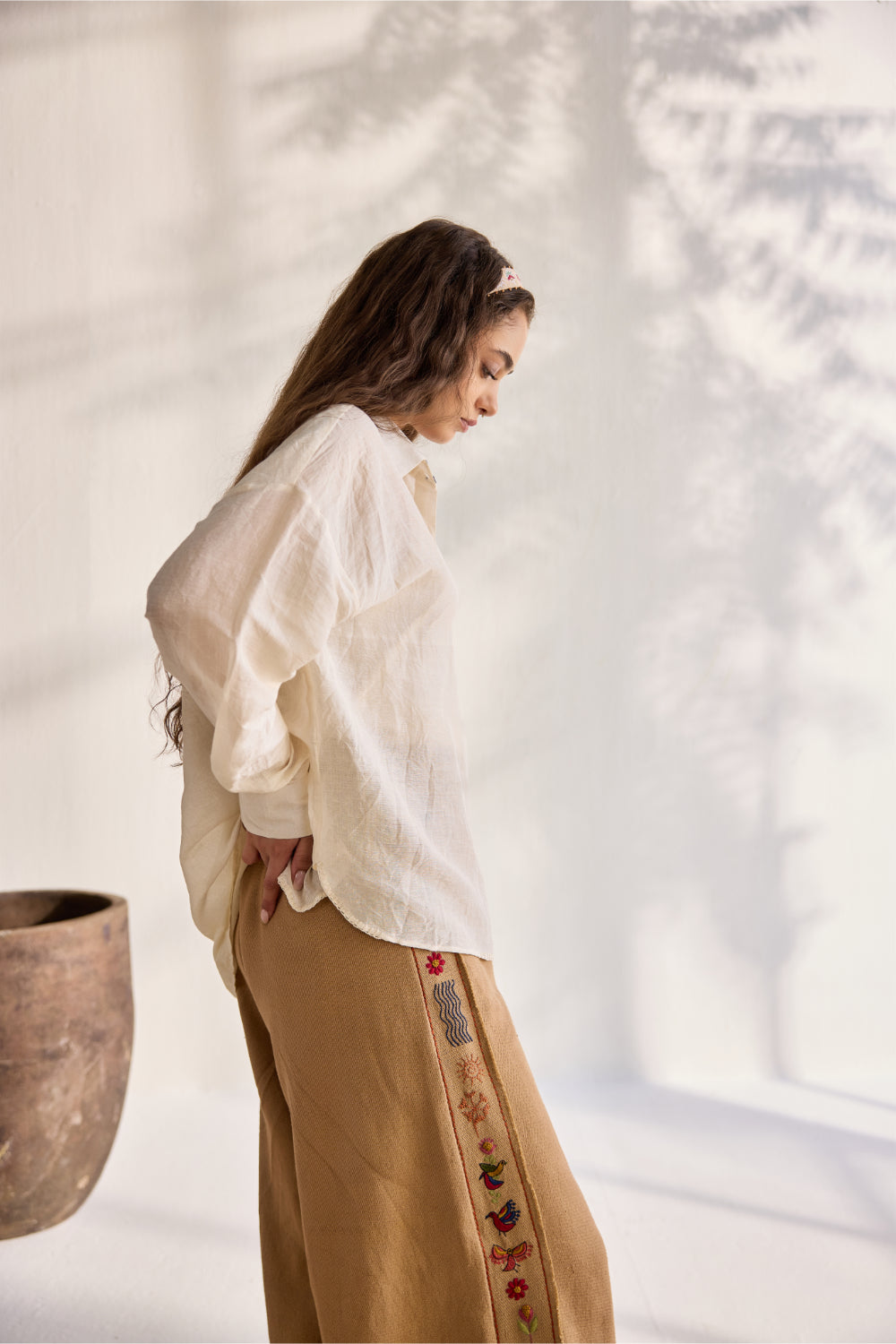 White linen embroidered button down shirt