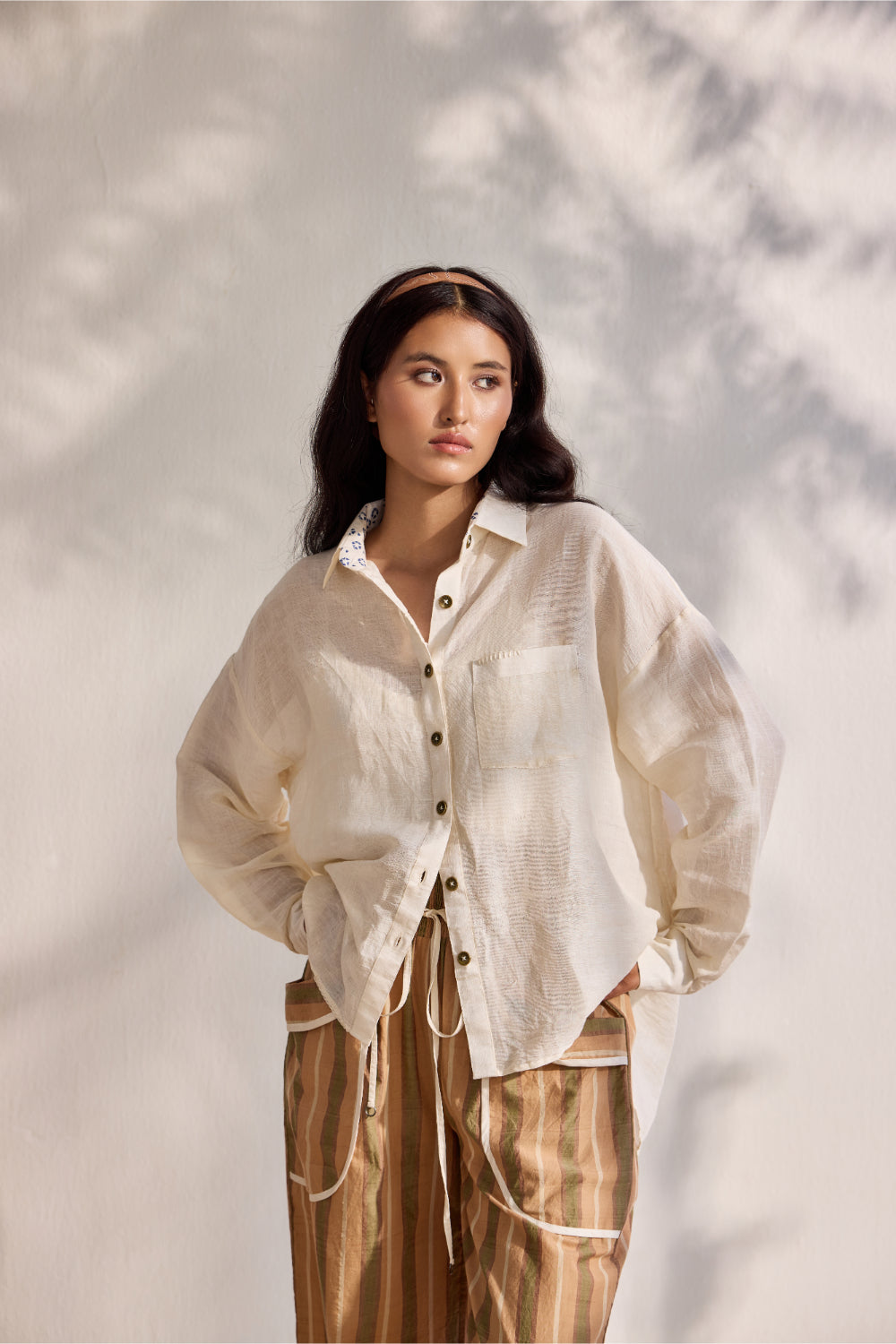 White linen embroidered button down shirt