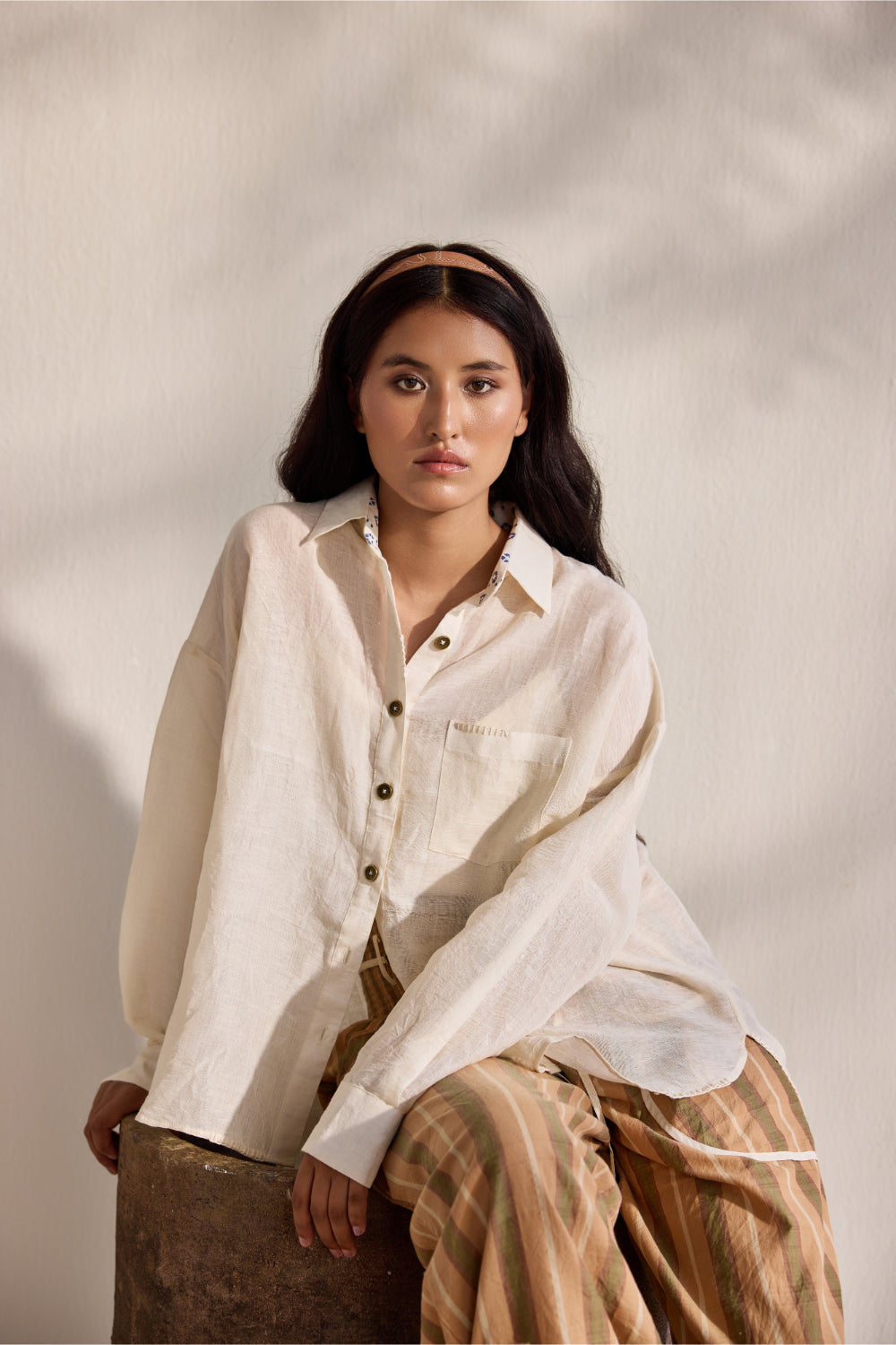 White linen embroidered button down shirt