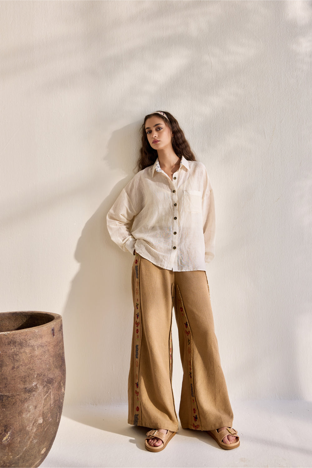 Almond cotton jacquard embroidered flare pants