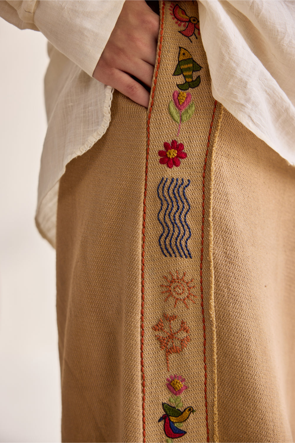 Almond cotton jacquard embroidered flare pants