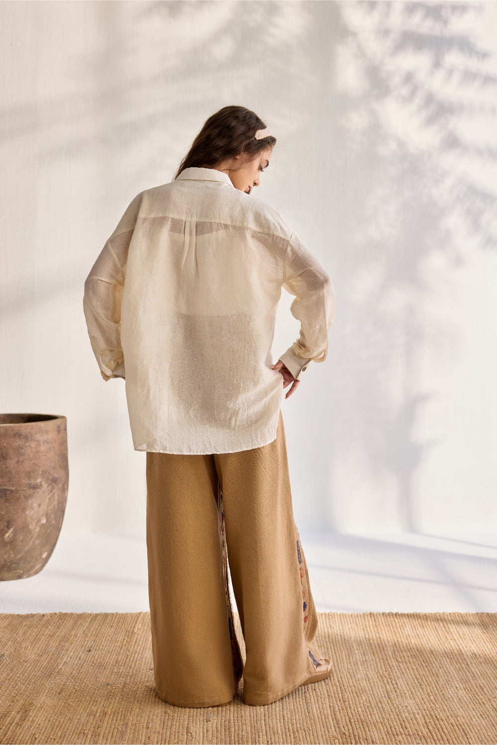 Almond cotton jacquard embroidered flare pants