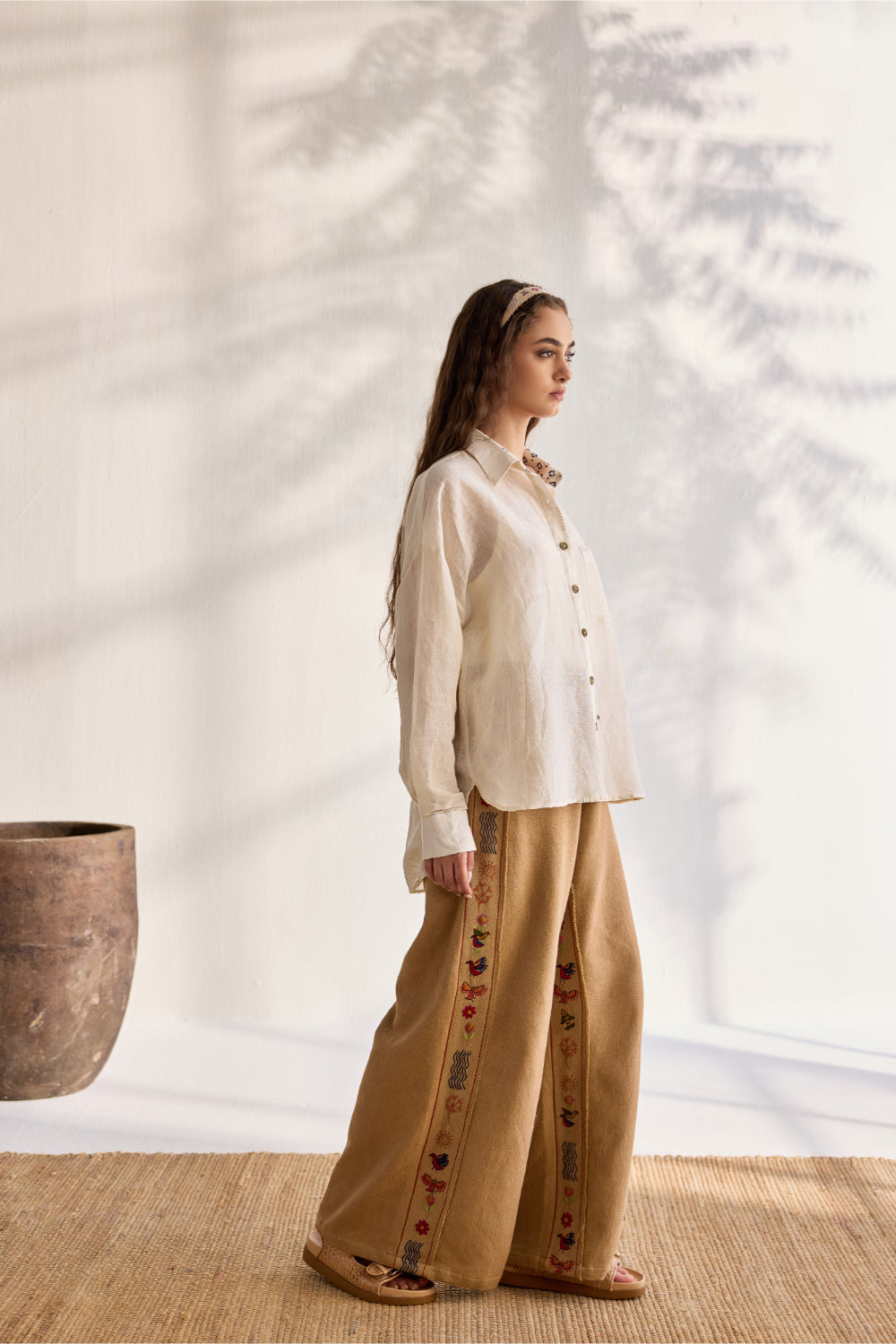 Almond cotton jacquard embroidered flare pants