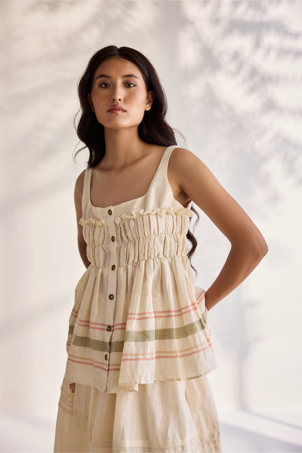 Ecru linen woven striped button down peplum top