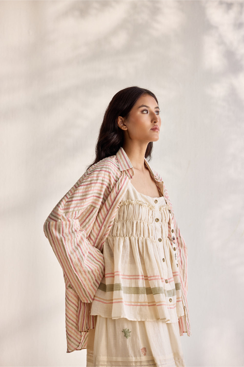 Ecru linen woven striped button down peplum top