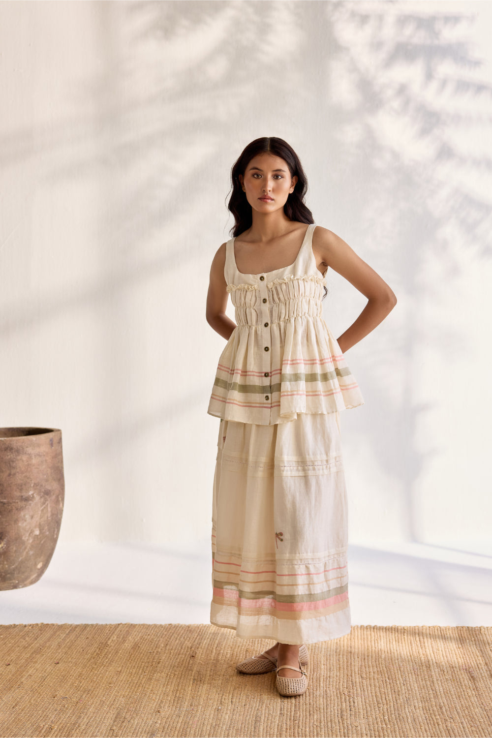 Ecru linen woven striped button down peplum top