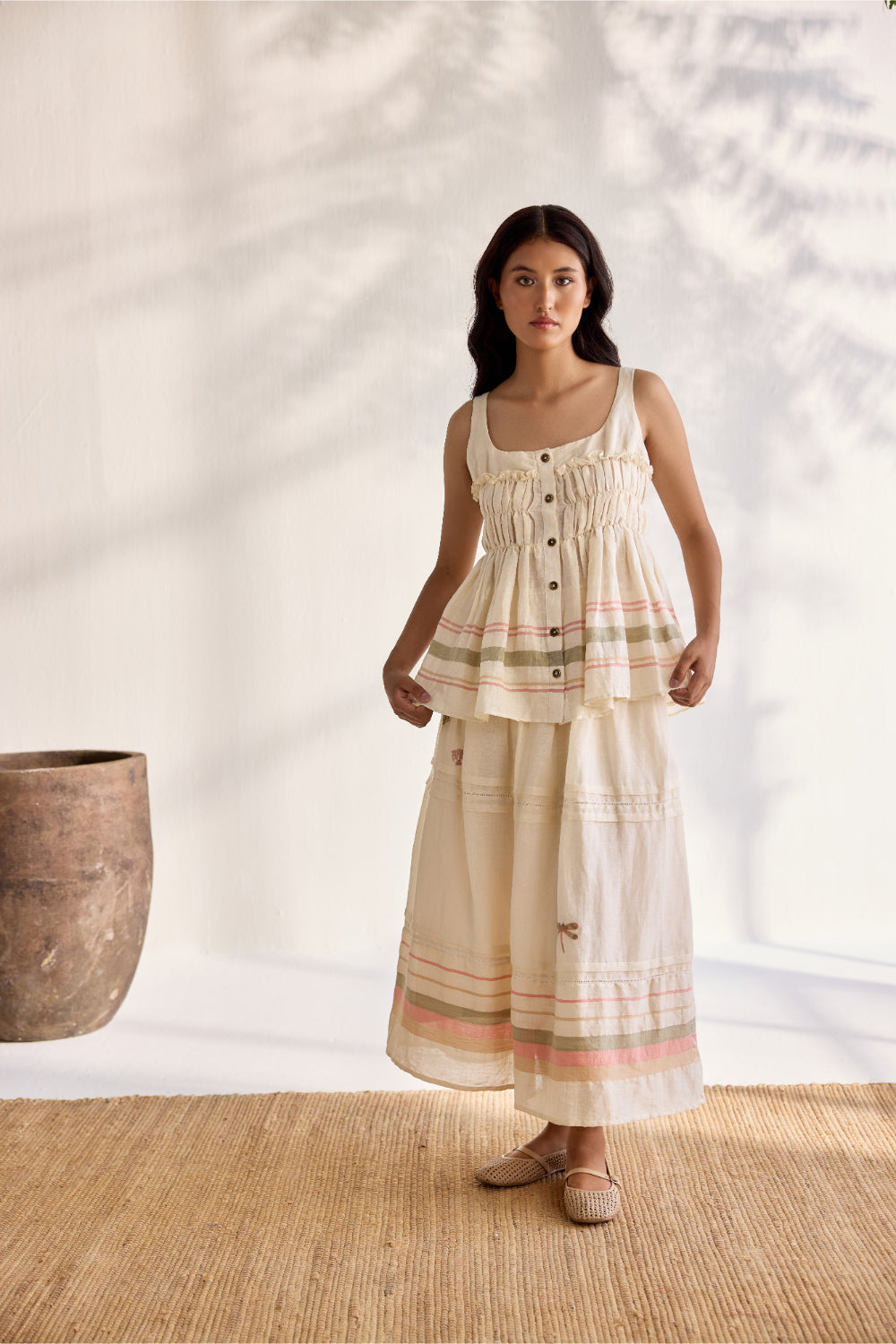 Ecru linen striped woven and embroidered dragonfly gathered skirt
