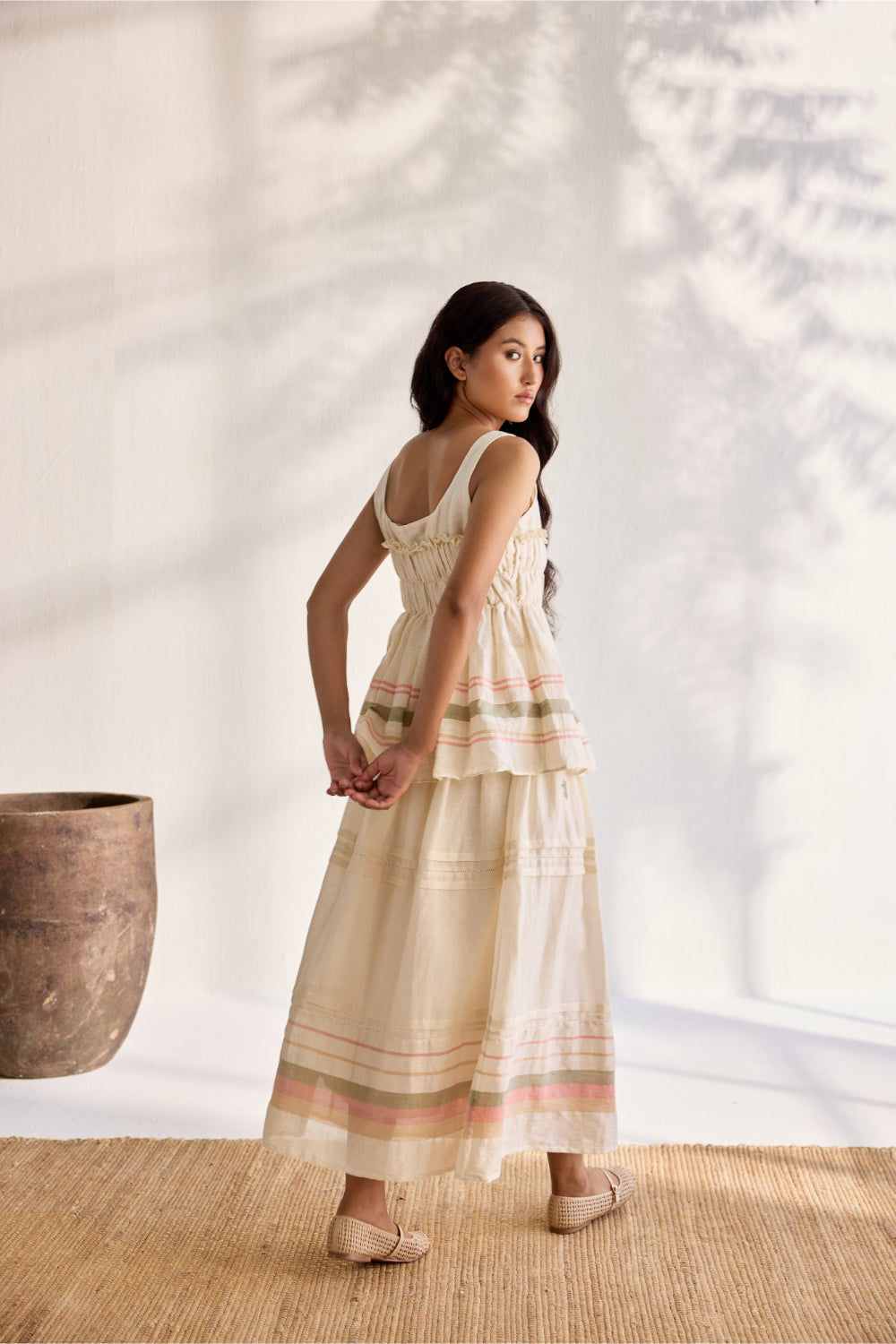 Ecru linen striped woven and embroidered dragonfly gathered skirt