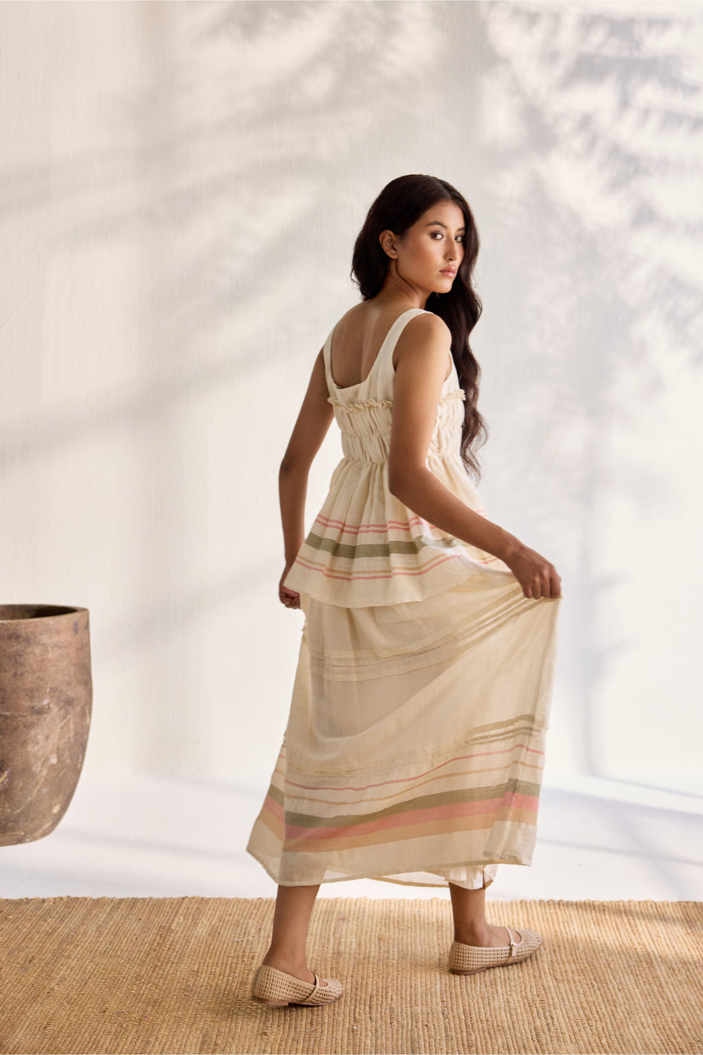 Ecru linen striped woven and embroidered dragonfly gathered skirt