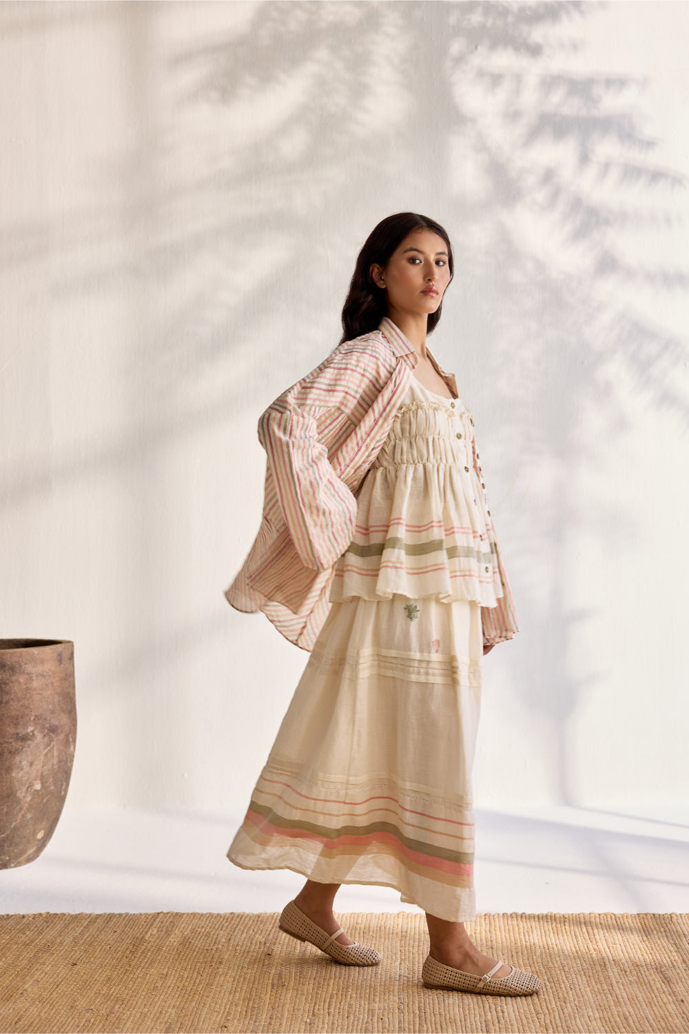 Ecru linen striped woven and embroidered dragonfly gathered skirt