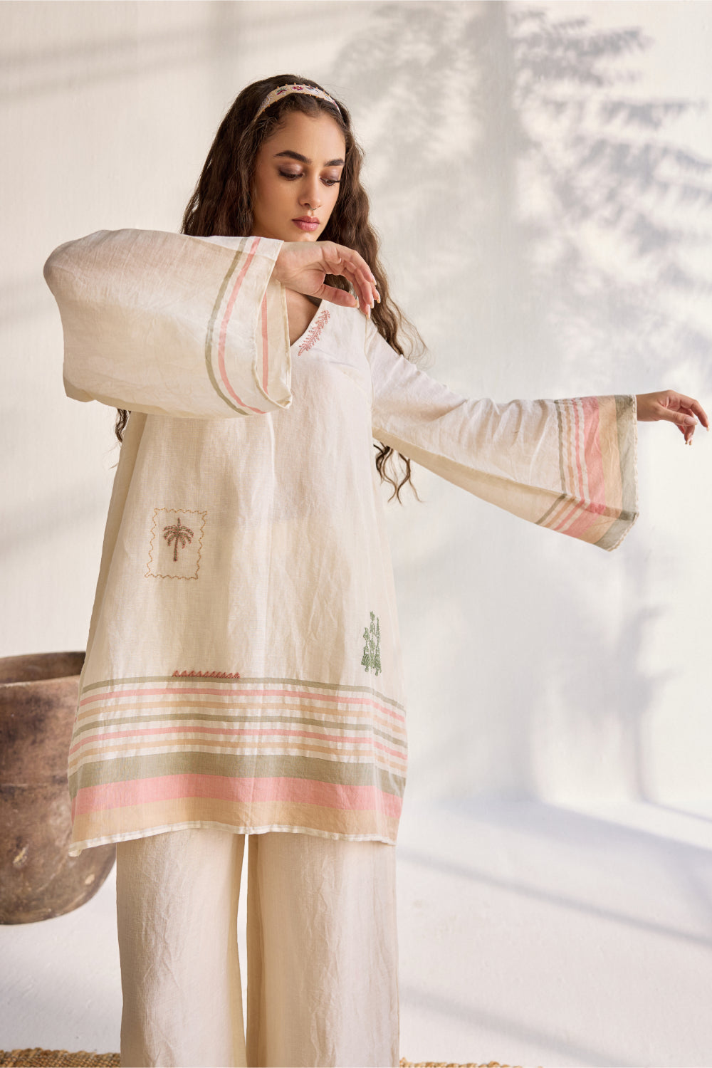 Ecru linen woven embroidered striped tunic
