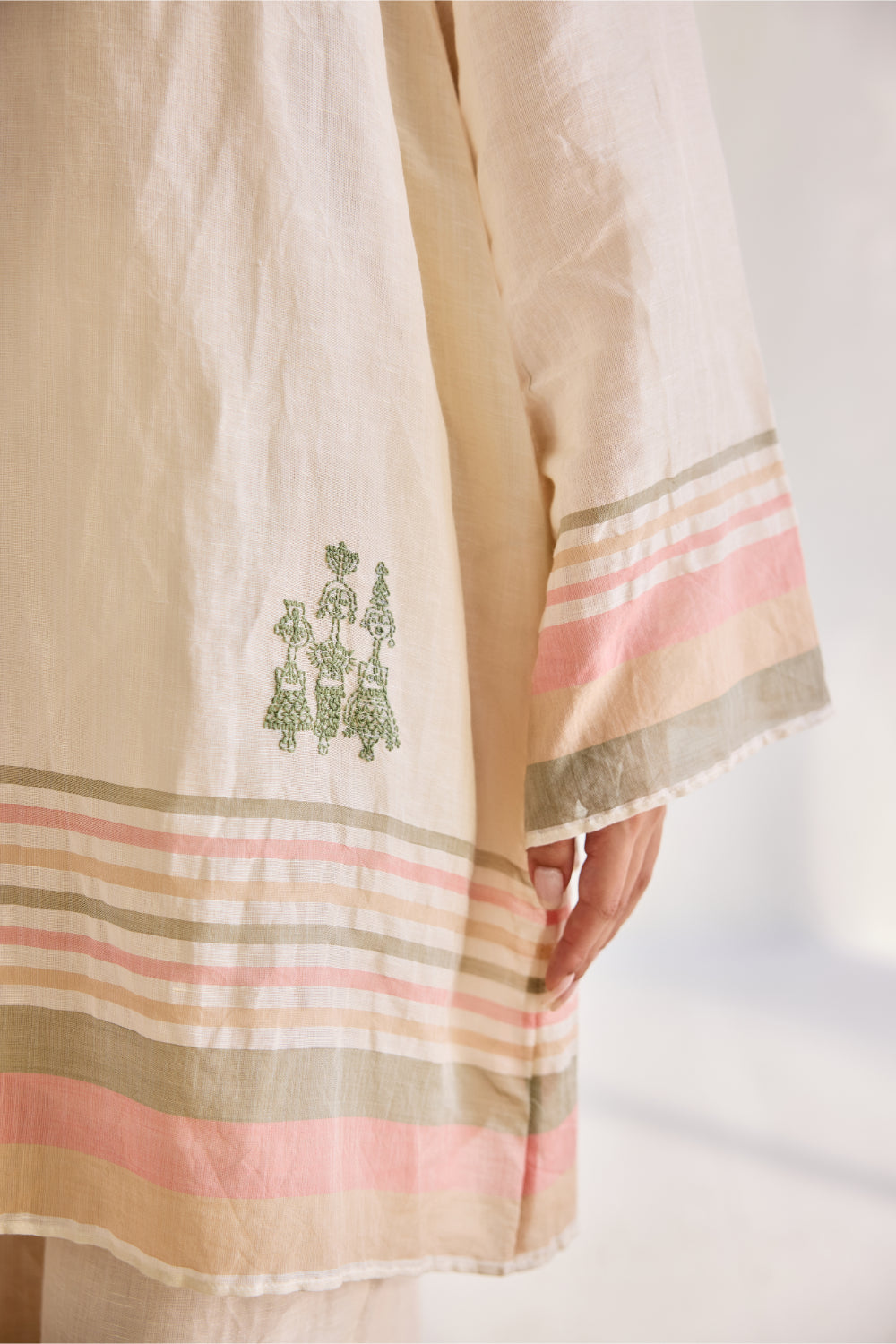 Ecru linen woven embroidered striped tunic