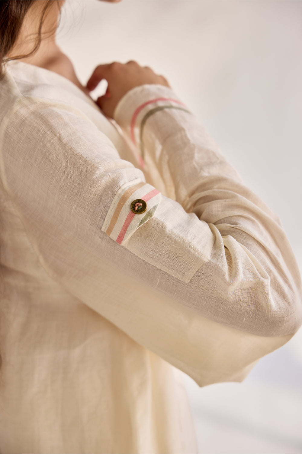 Ecru linen woven embroidered striped tunic