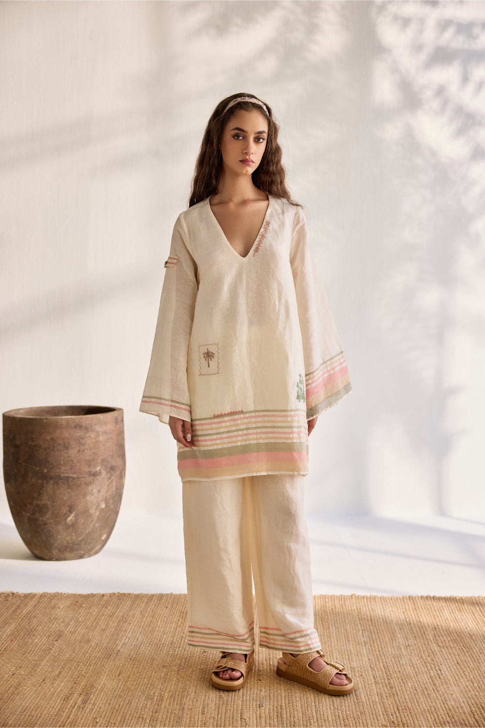 Ecru linen woven embroidered striped tunic