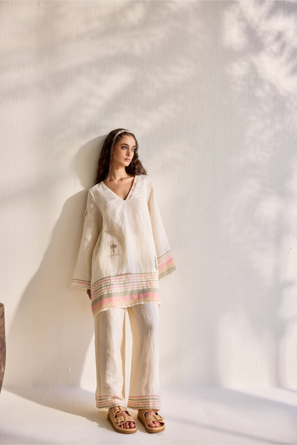 Ecru linen woven embroidered striped crop pants