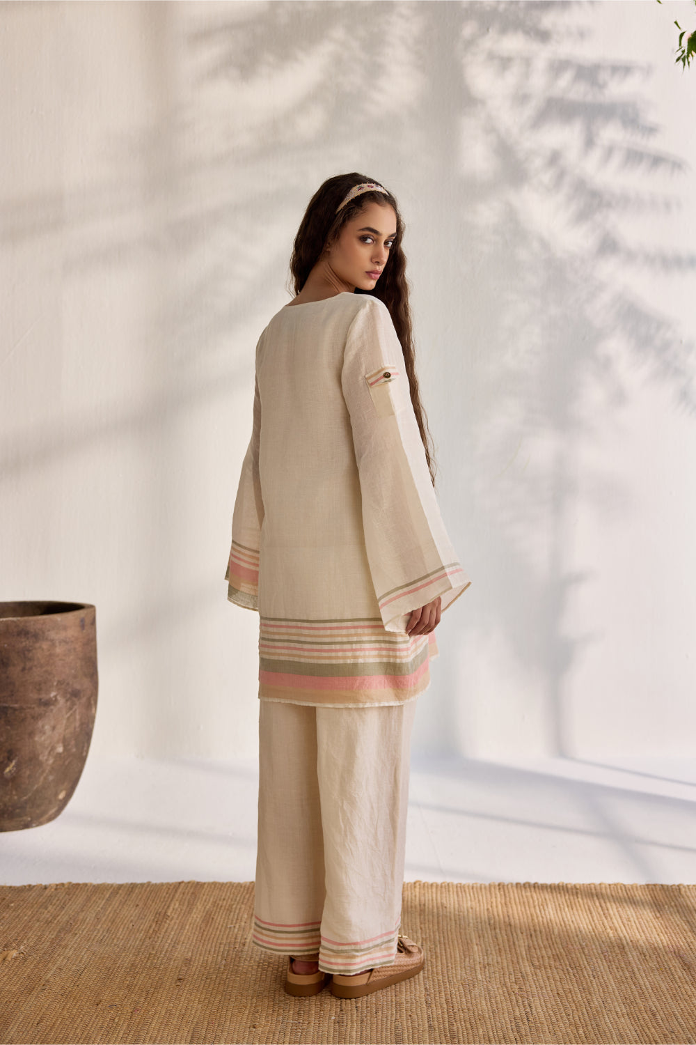 Ecru linen woven embroidered striped crop pants