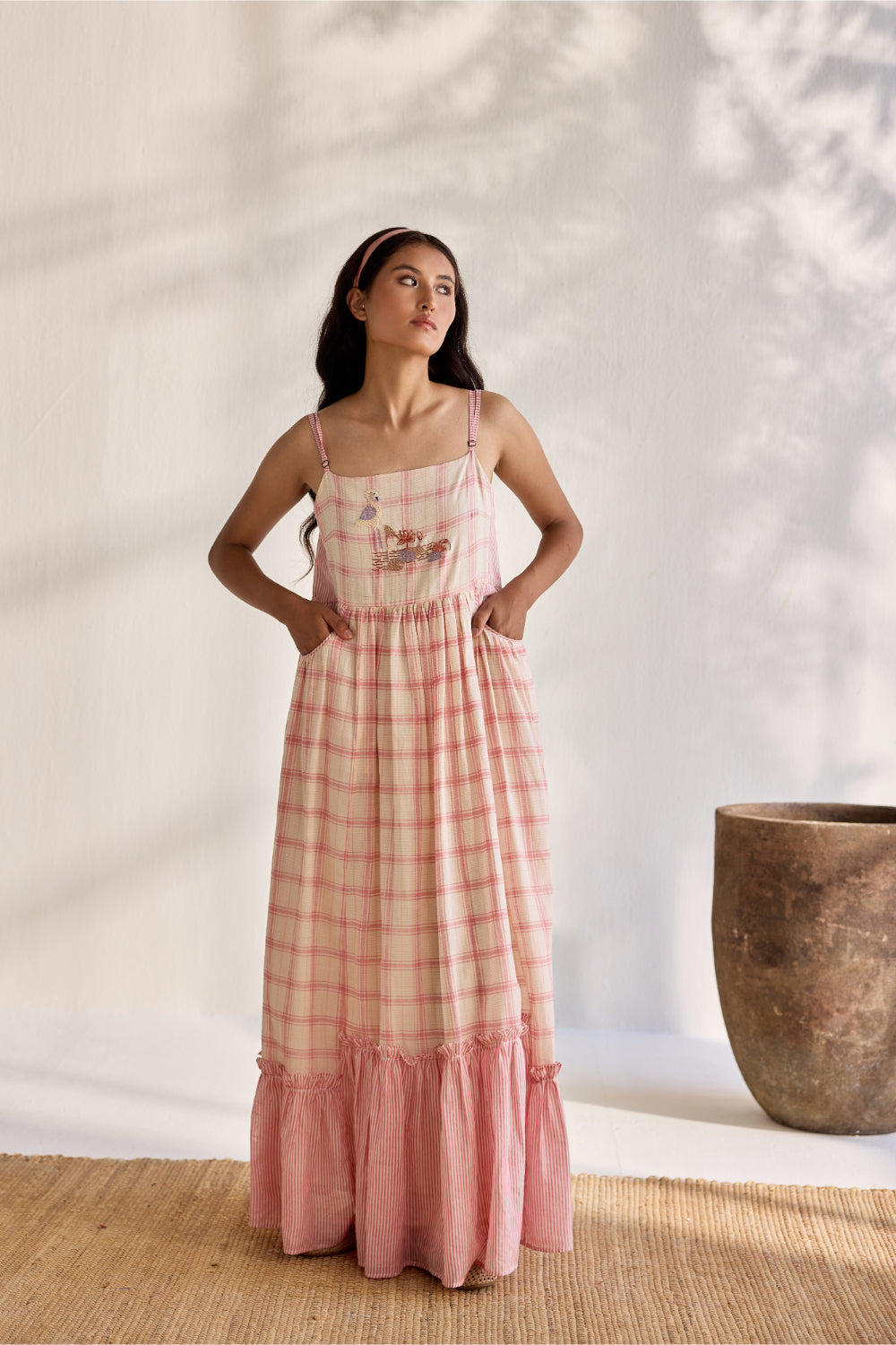 Ecru woven bamboo cotton with pink checks printed and embroidered midi dress