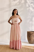 Ecru woven bamboo cotton with pink checks printed and embroidered midi dress