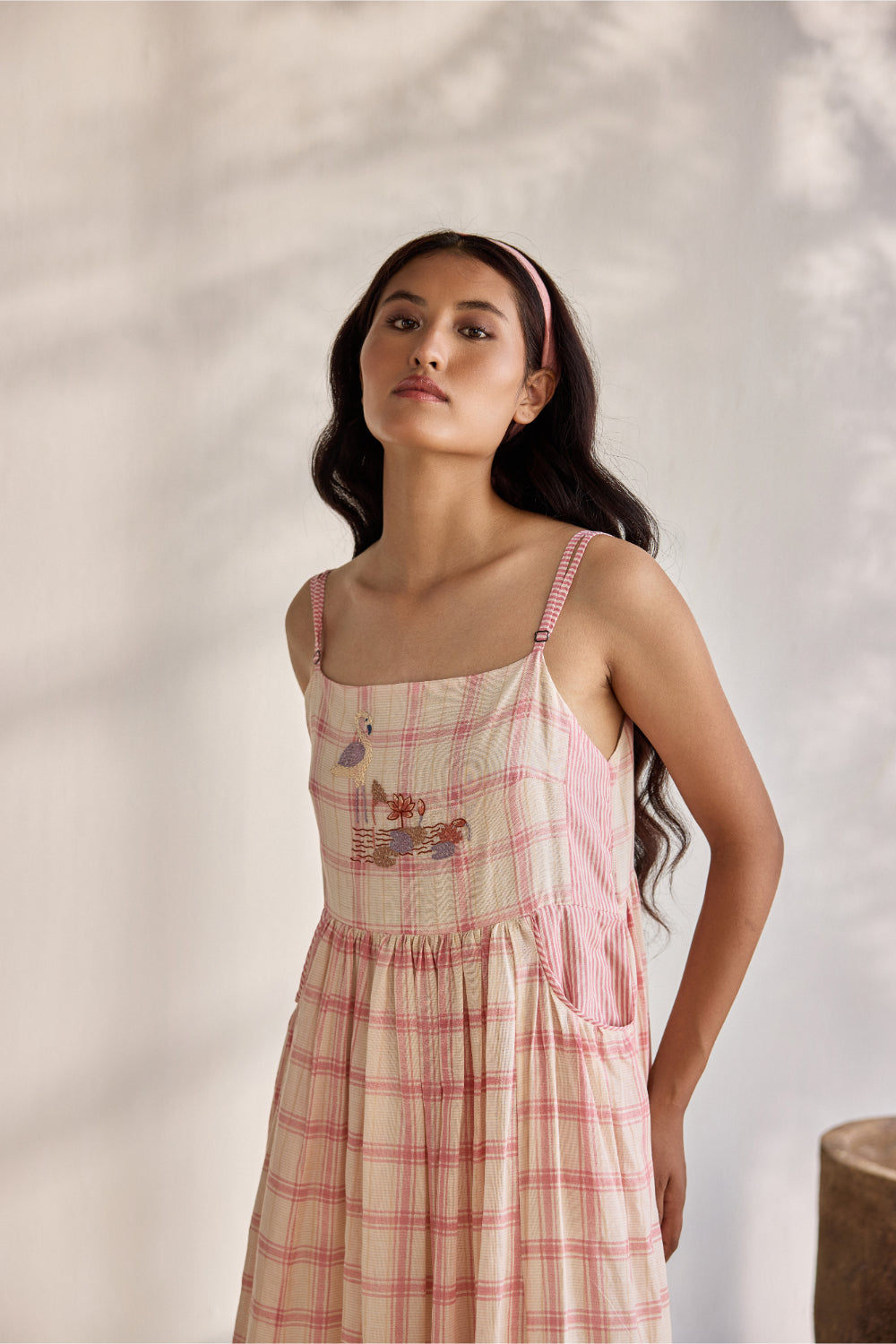 Ecru woven bamboo cotton with pink checks printed and embroidered midi dress