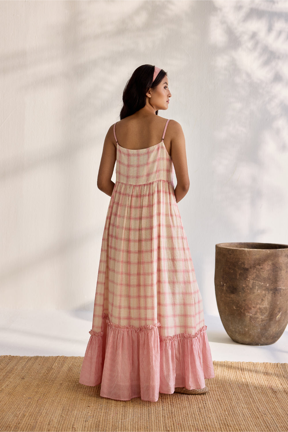 Ecru woven bamboo cotton with pink checks printed and embroidered midi dress