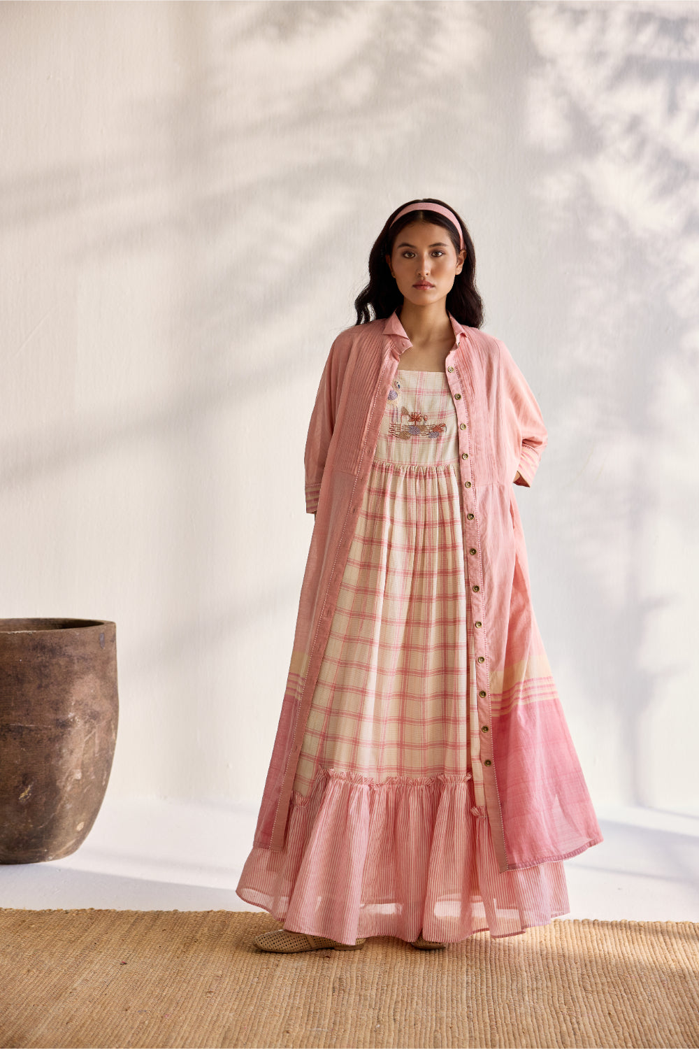 Ecru woven bamboo cotton with pink checks printed and embroidered midi dress