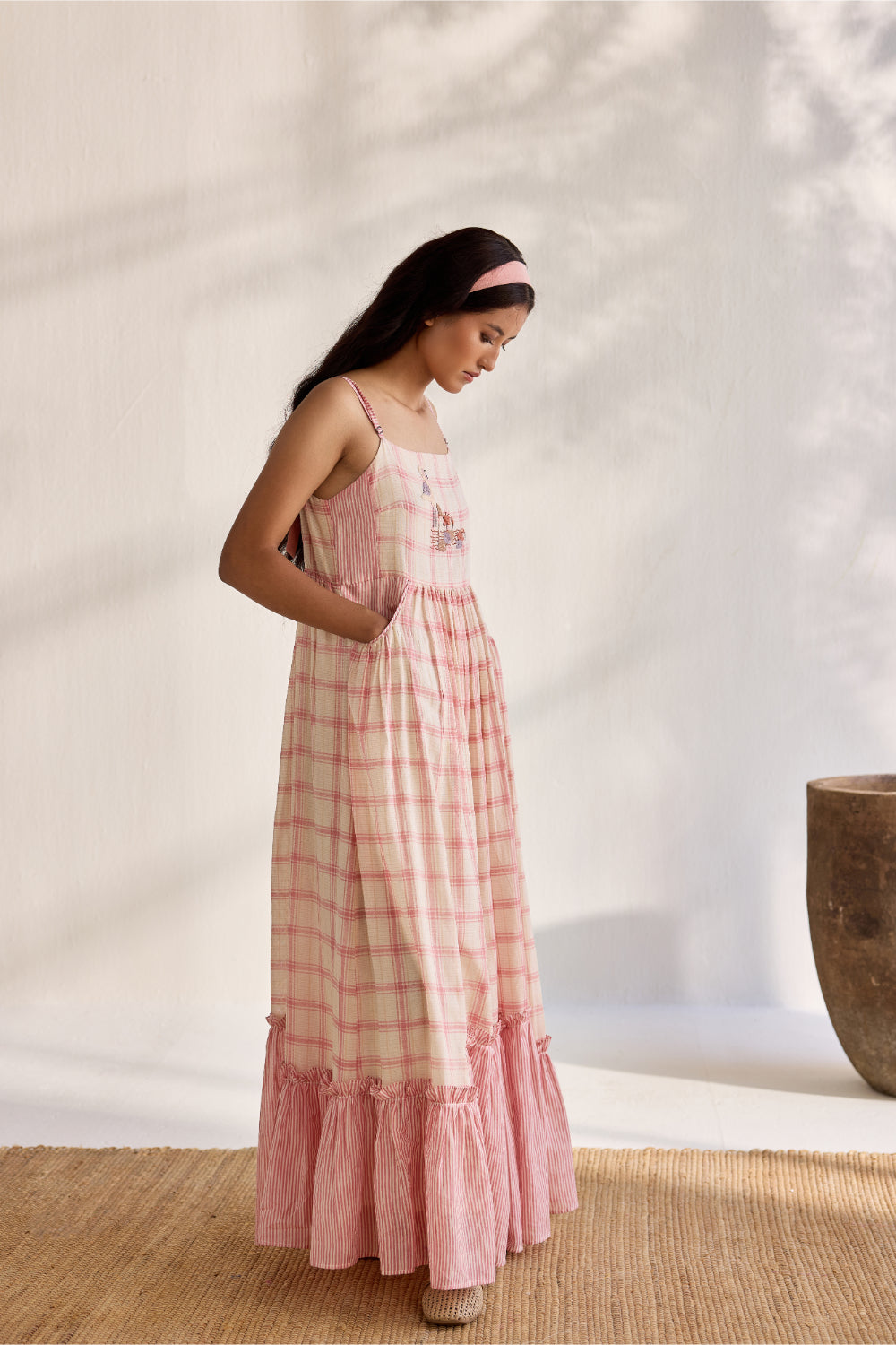 Ecru woven bamboo cotton with pink checks printed and embroidered midi dress