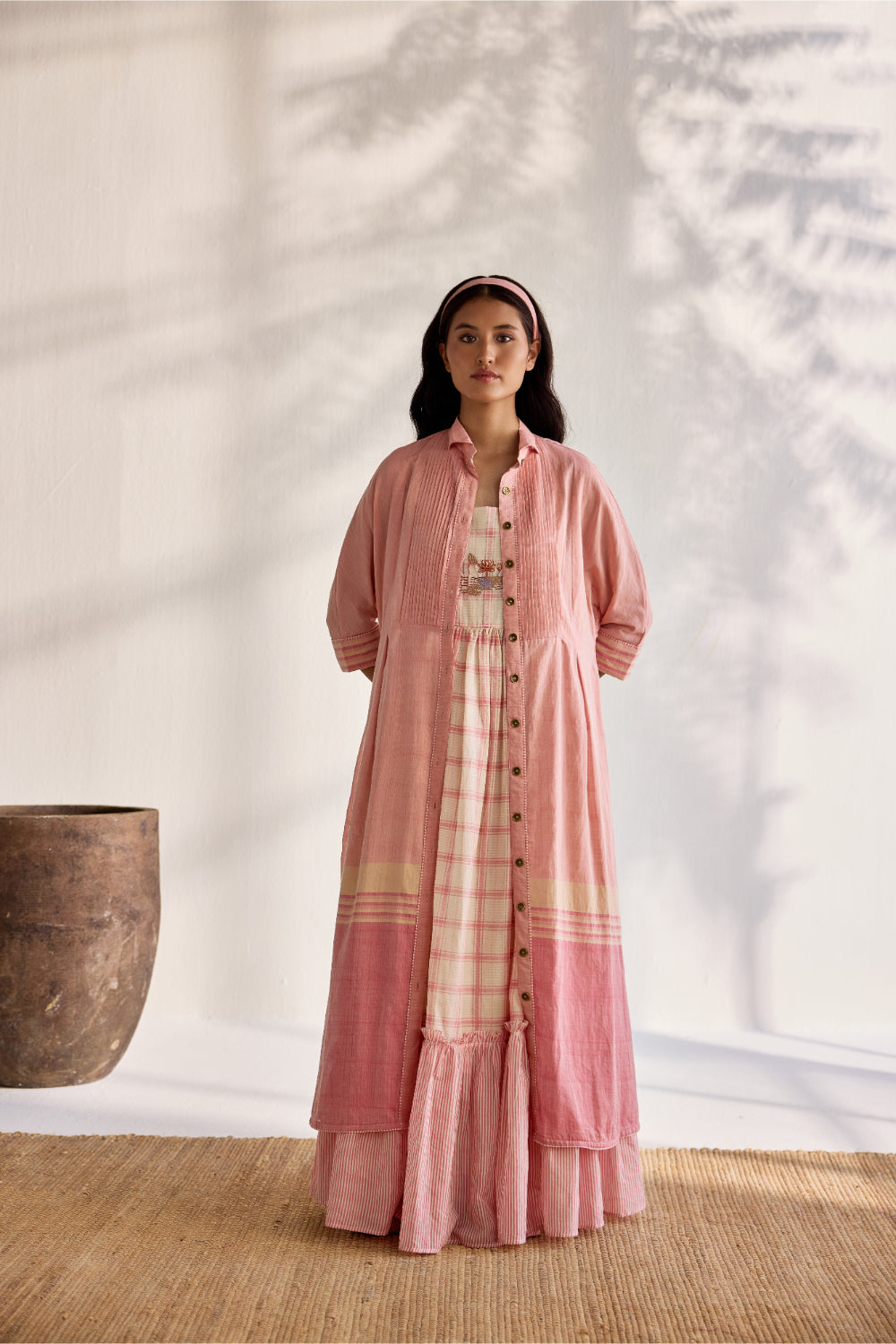 Pink and red woven shirt dress with tie-up belt