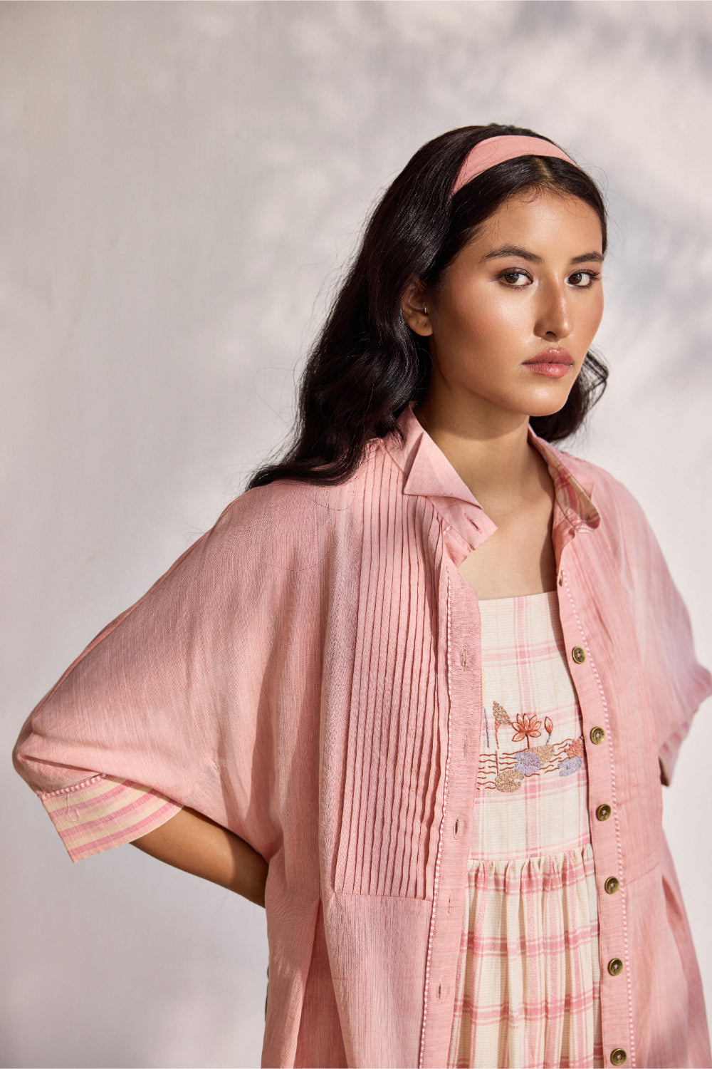 Pink and red woven shirt dress with tie-up belt
