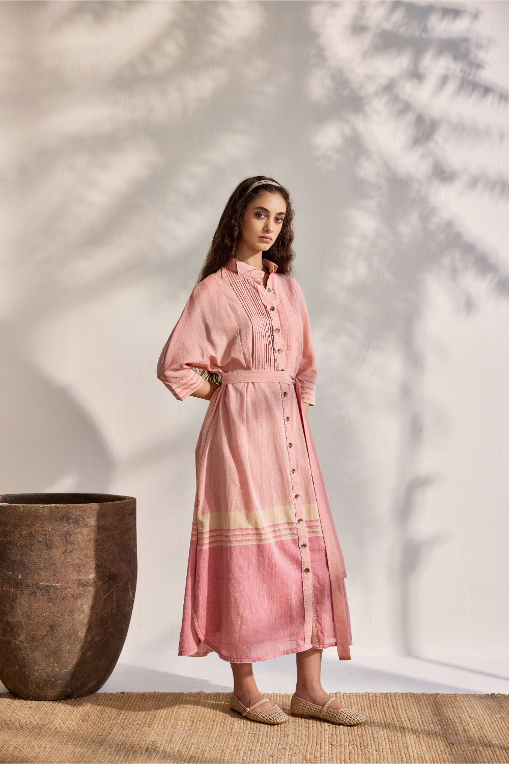 Pink and red woven shirt dress with tie-up belt