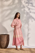Pink and red woven shirt dress with tie-up belt