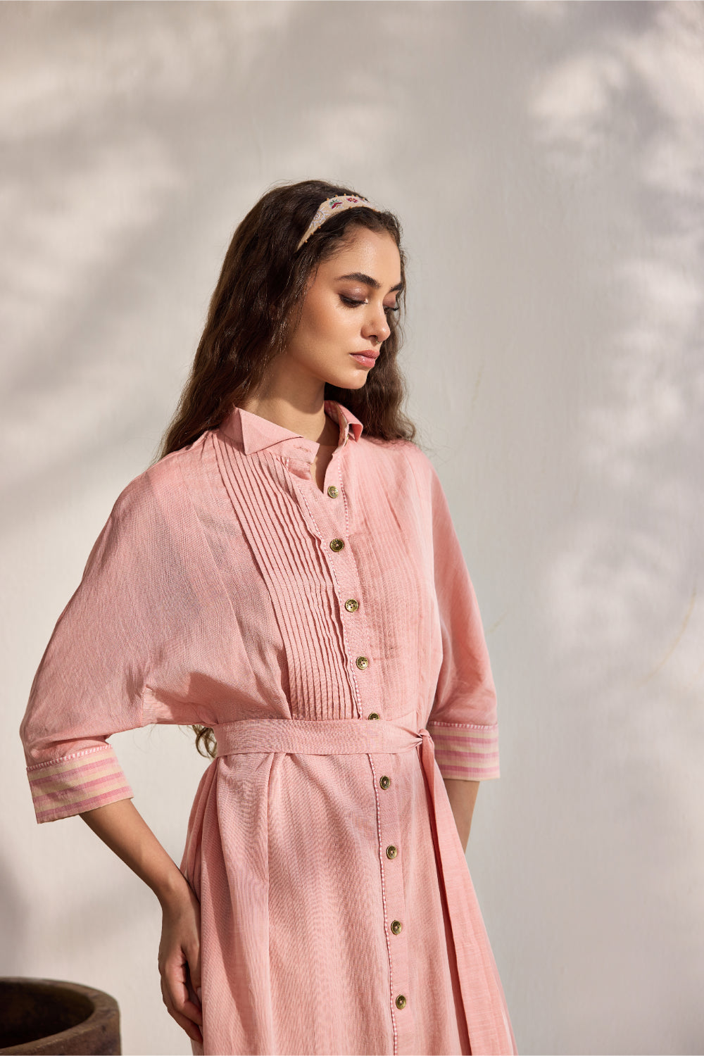Pink and red woven shirt dress with tie-up belt