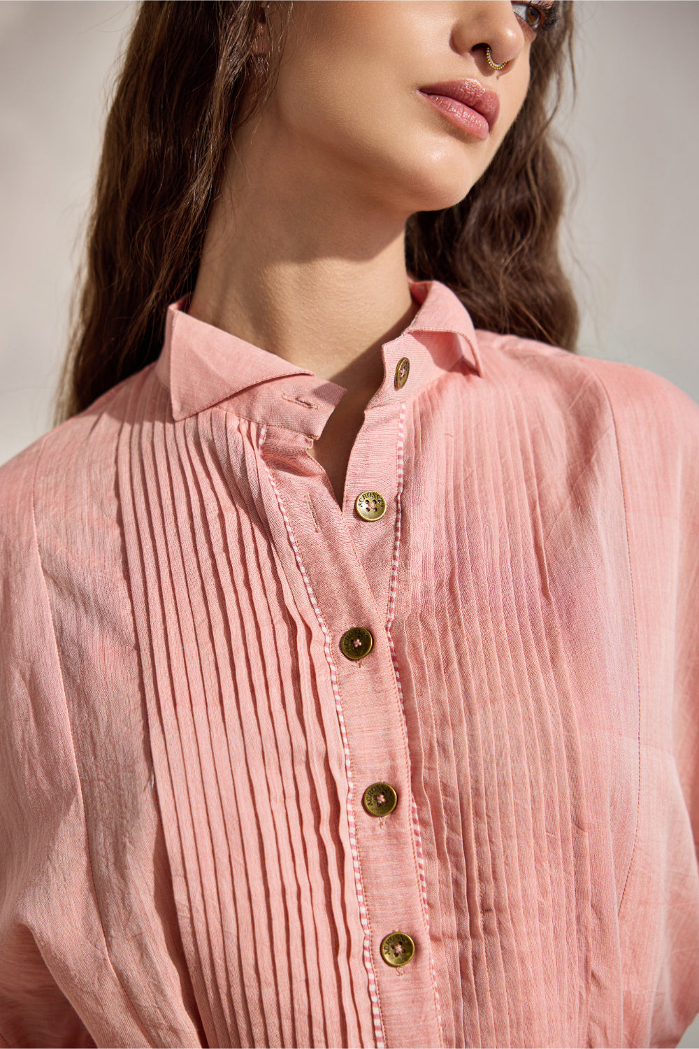 Pink and red woven shirt dress with tie-up belt