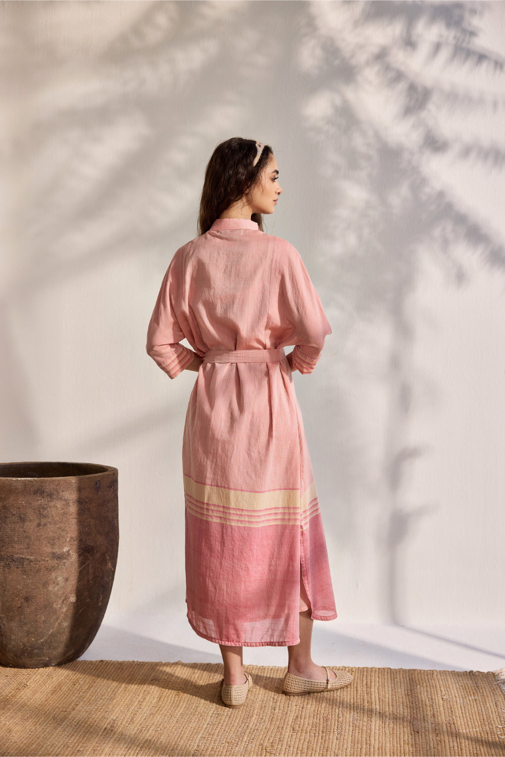 Pink and red woven shirt dress with tie-up belt