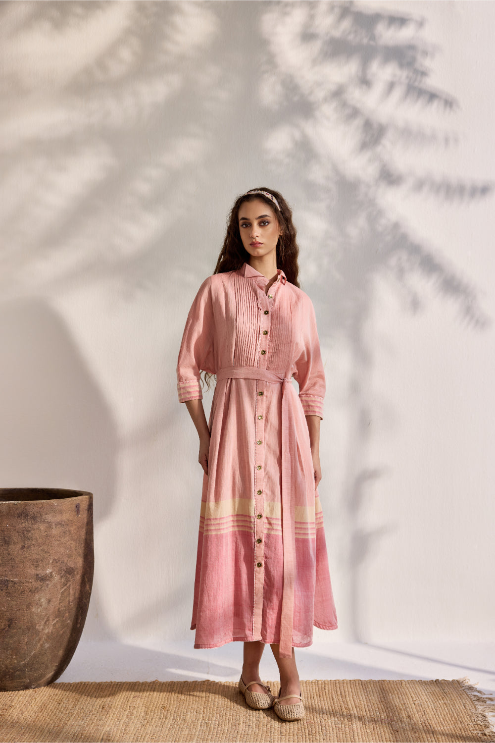Pink and red woven shirt dress with tie-up belt
