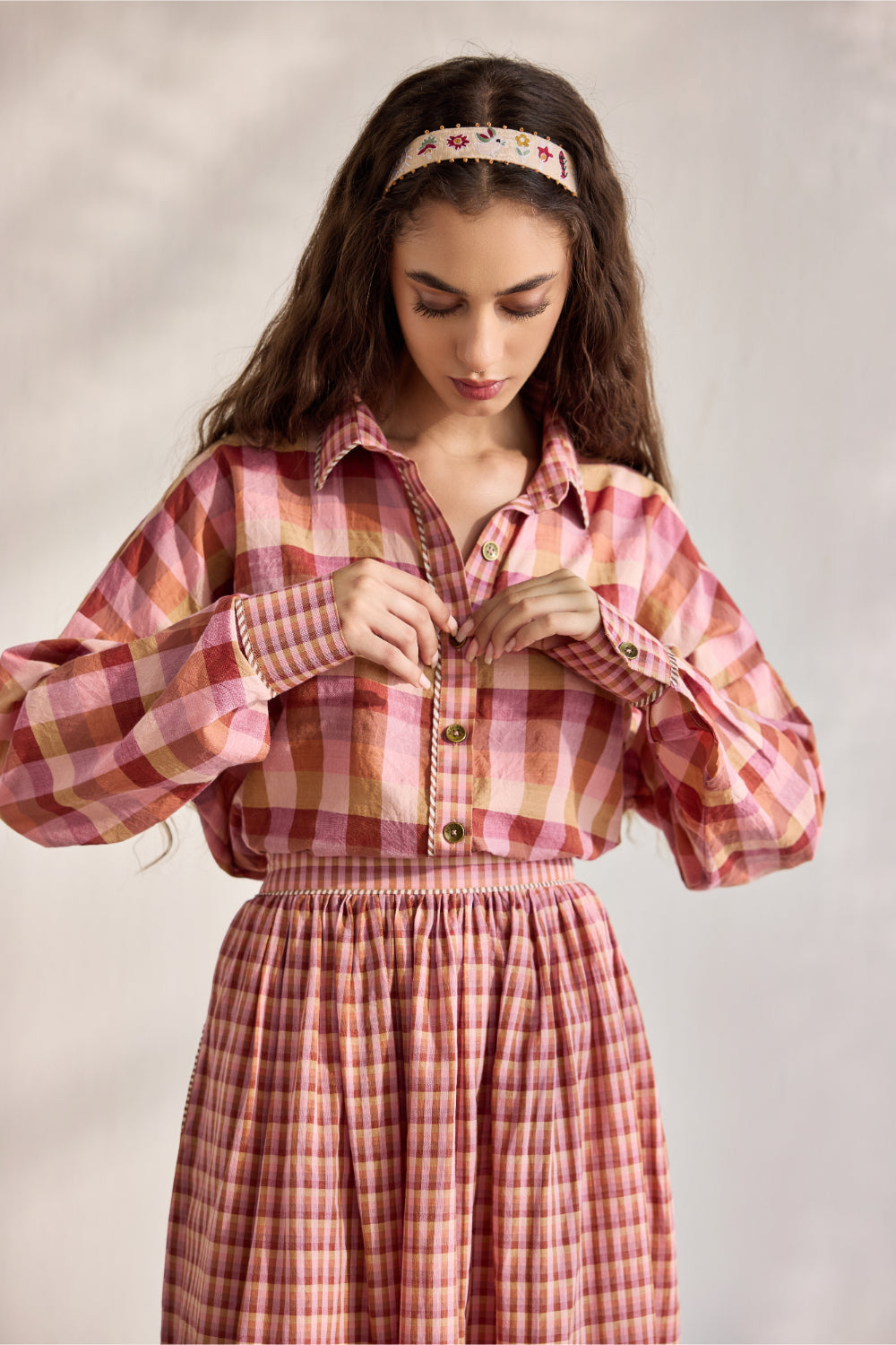 Blush macro multi-checks woven button down shirt