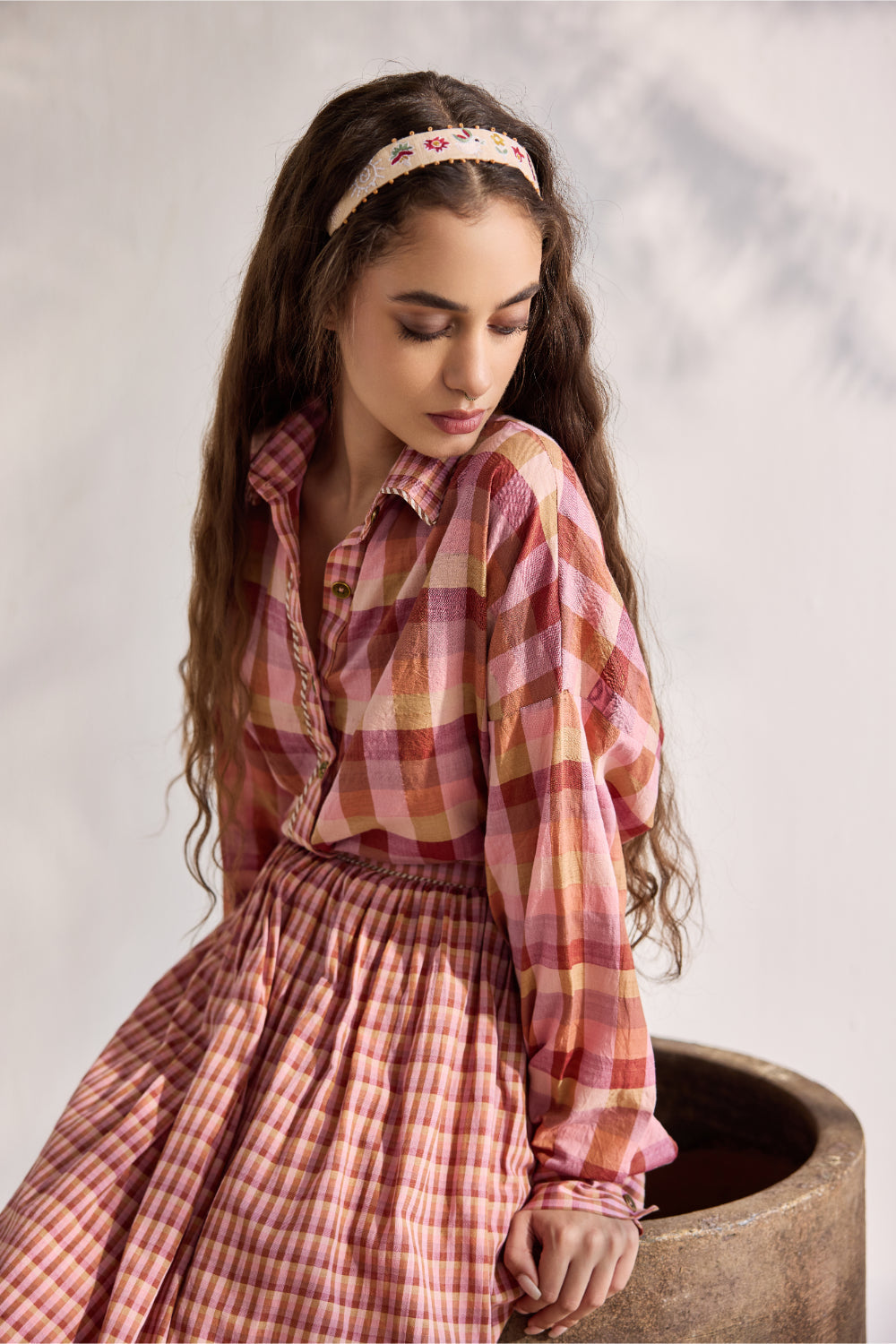 Blush macro multi-checks woven button down shirt
