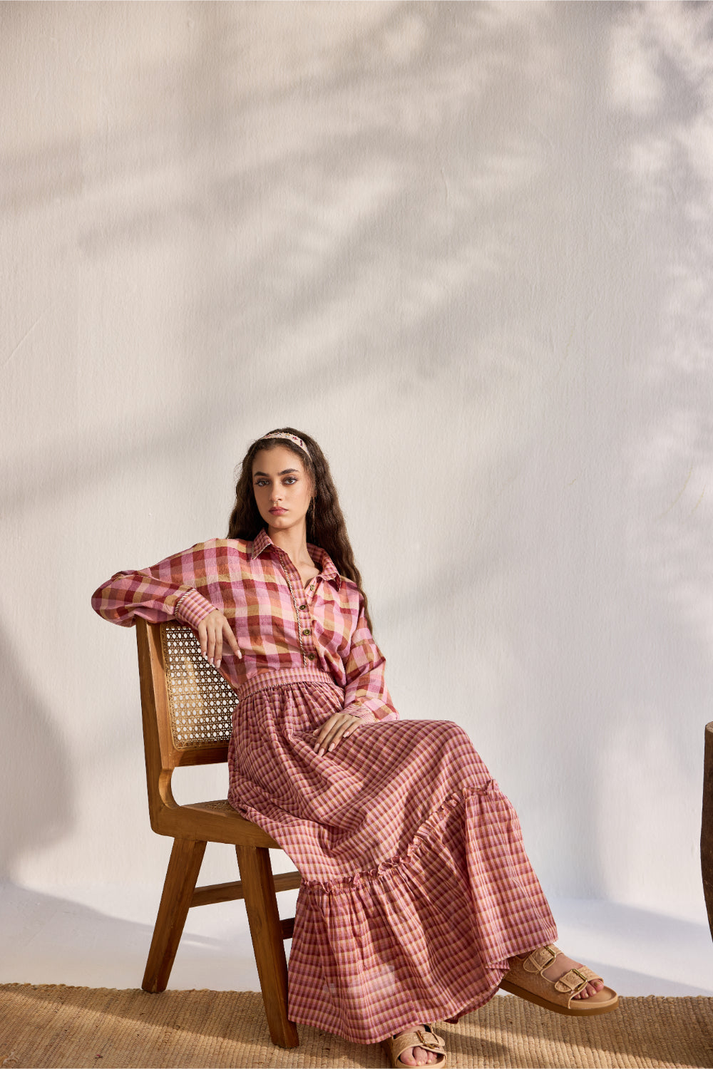 Blush macro multi-checks woven button down shirt
