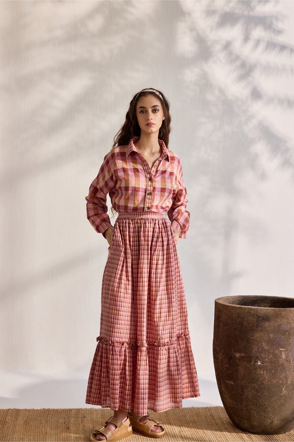 Blush micro multi-checks woven tiered skirt