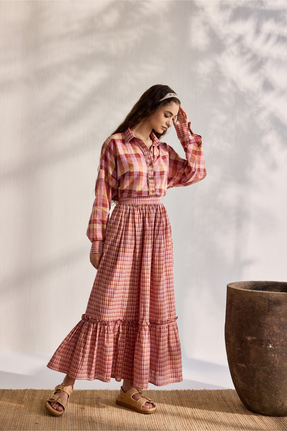 Blush micro multi-checks woven tiered skirt