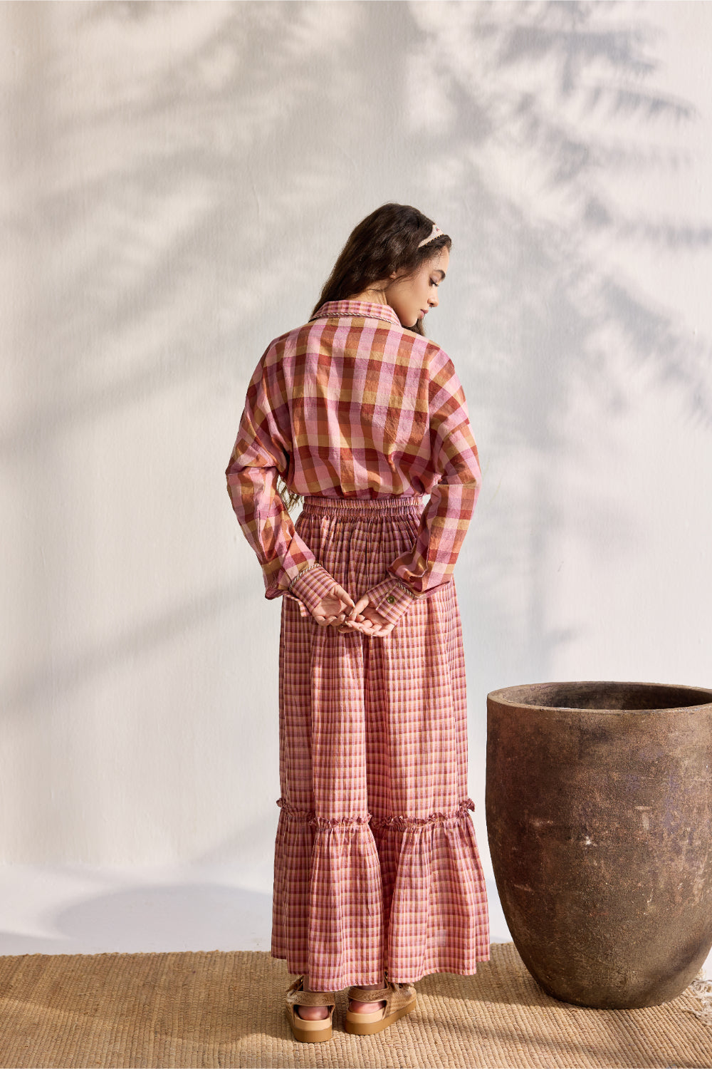 Blush micro multi-checks woven tiered skirt