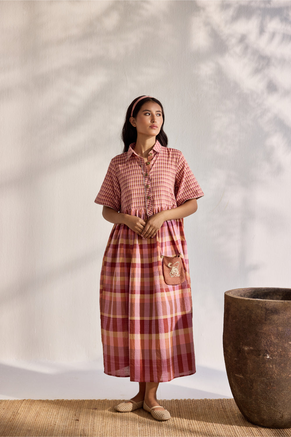 Blush micro and macro multi-checks woven relaxed midi dress with embroidered detachable pocket