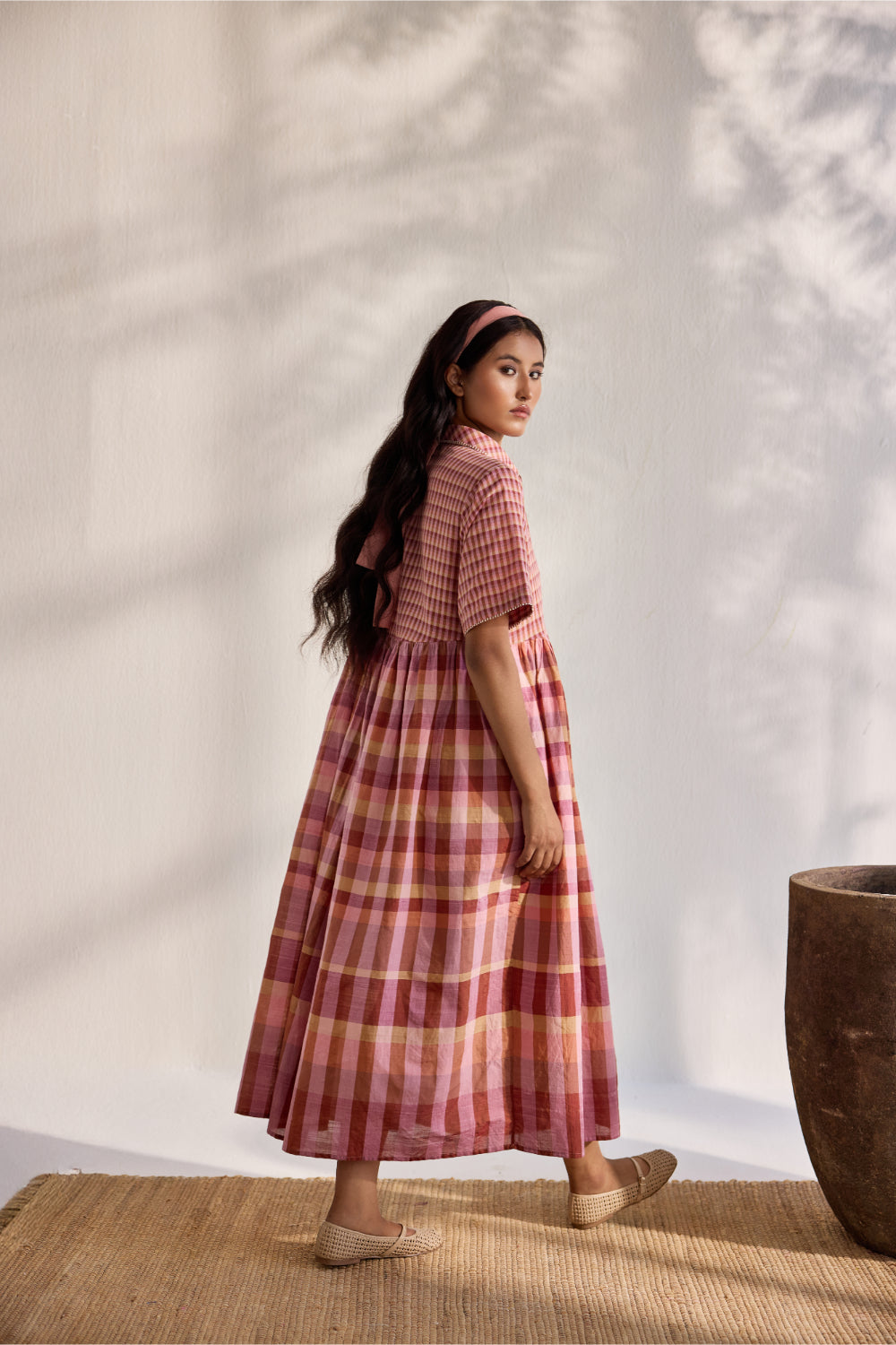 Blush micro and macro multi-checks woven relaxed midi dress with embroidered detachable pocket