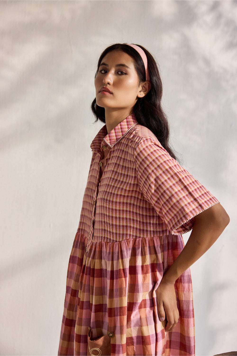 Blush micro and macro multi-checks woven relaxed midi dress with embroidered detachable pocket