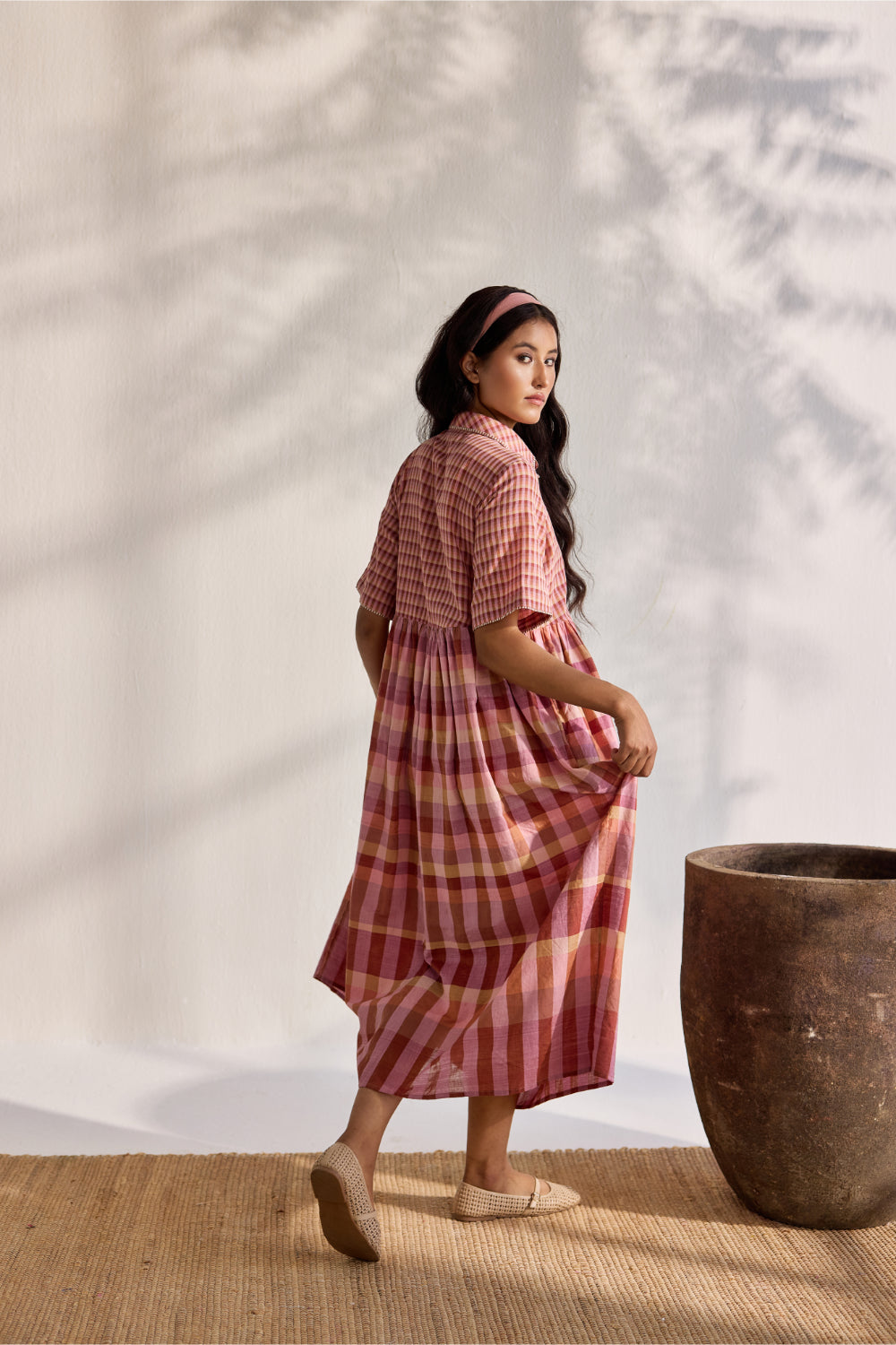 Blush micro and macro multi-checks woven relaxed midi dress with embroidered detachable pocket