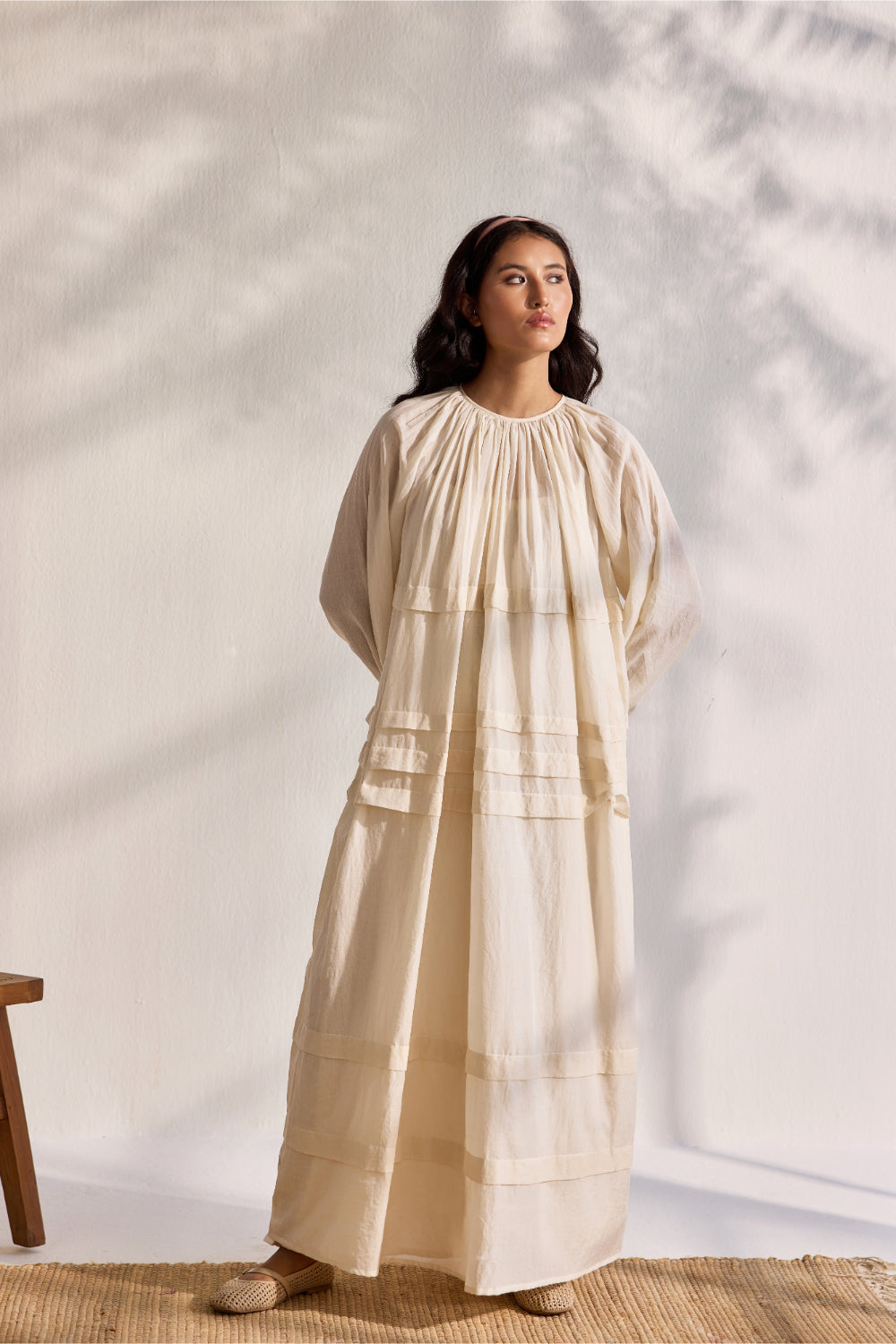 Ecru woven bamboo cotton pleated relaxed maxi