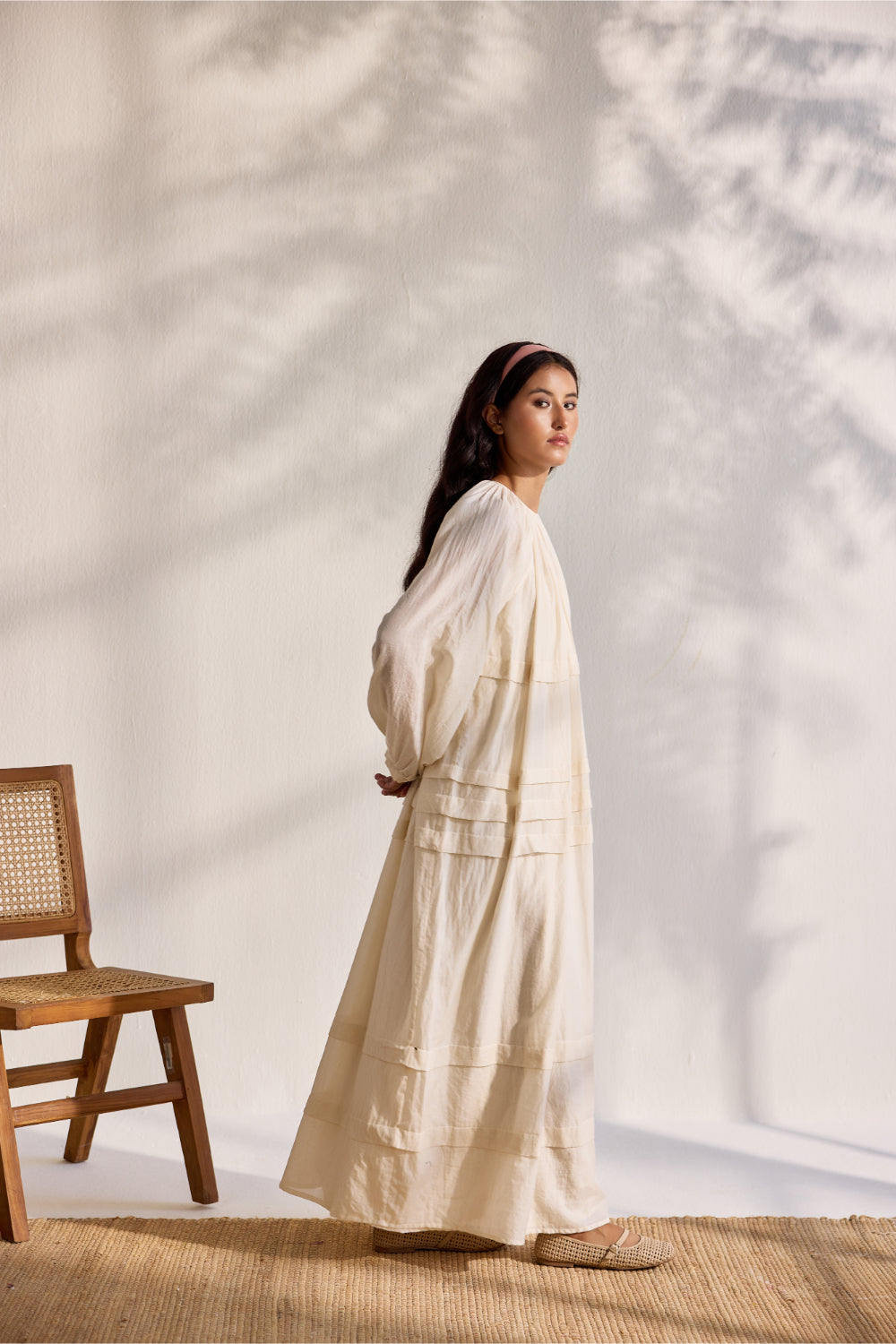 Ecru woven bamboo cotton pleated relaxed maxi