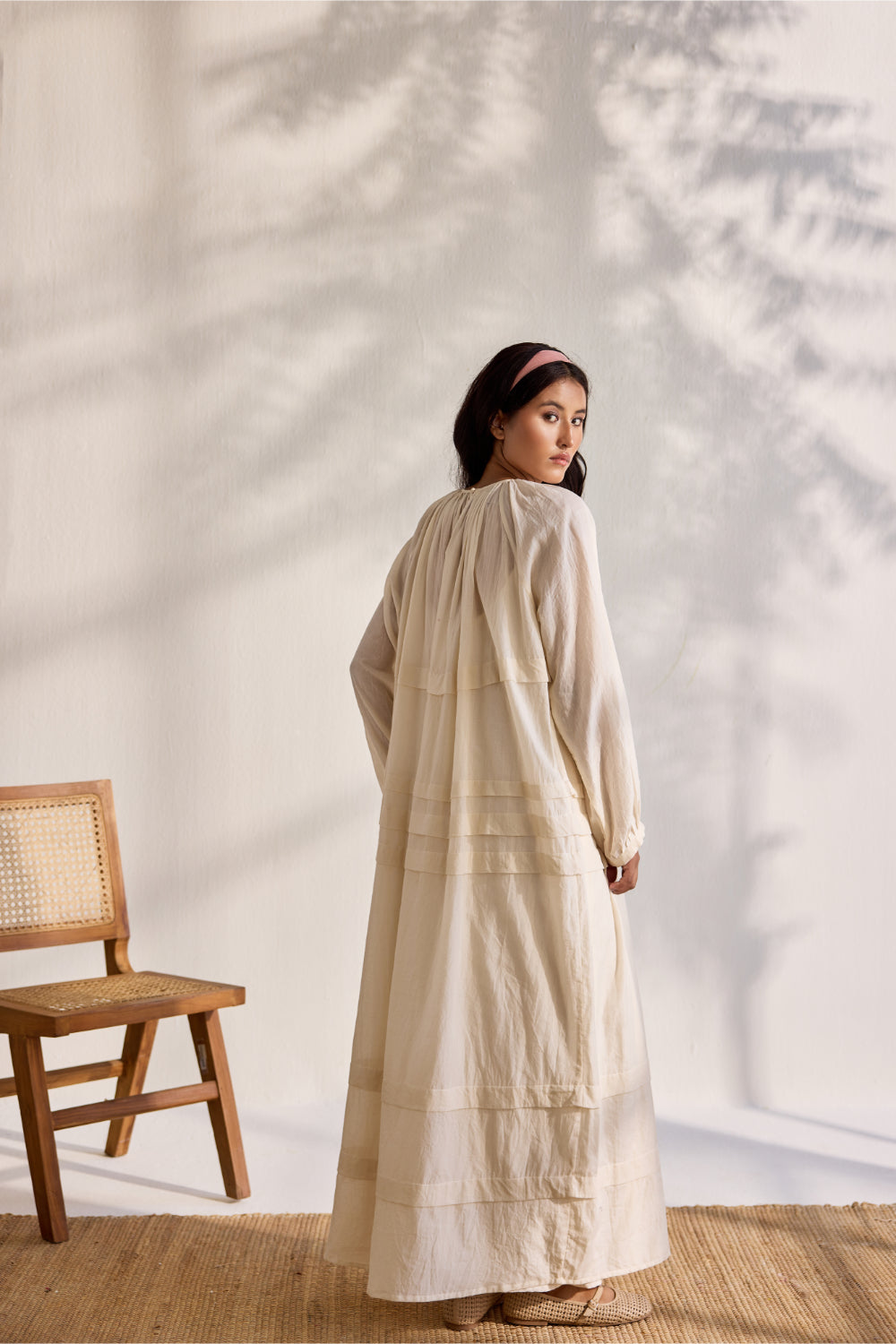 Ecru woven bamboo cotton pleated relaxed maxi