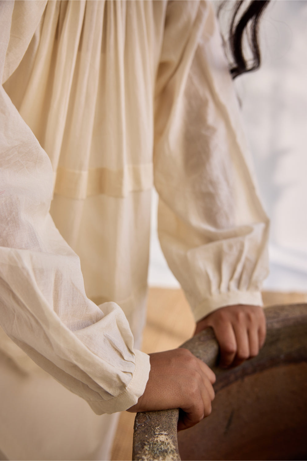 Ecru woven bamboo cotton pleated relaxed maxi