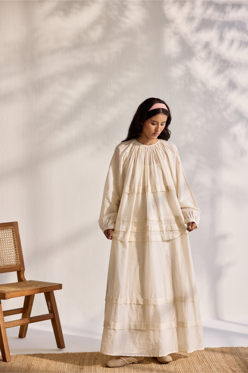 Ecru woven bamboo cotton pleated relaxed maxi